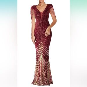 Women 1920s Size XL Formal Dress Tassels Sleeve Sequins Gatsby Maxi Evening Gown